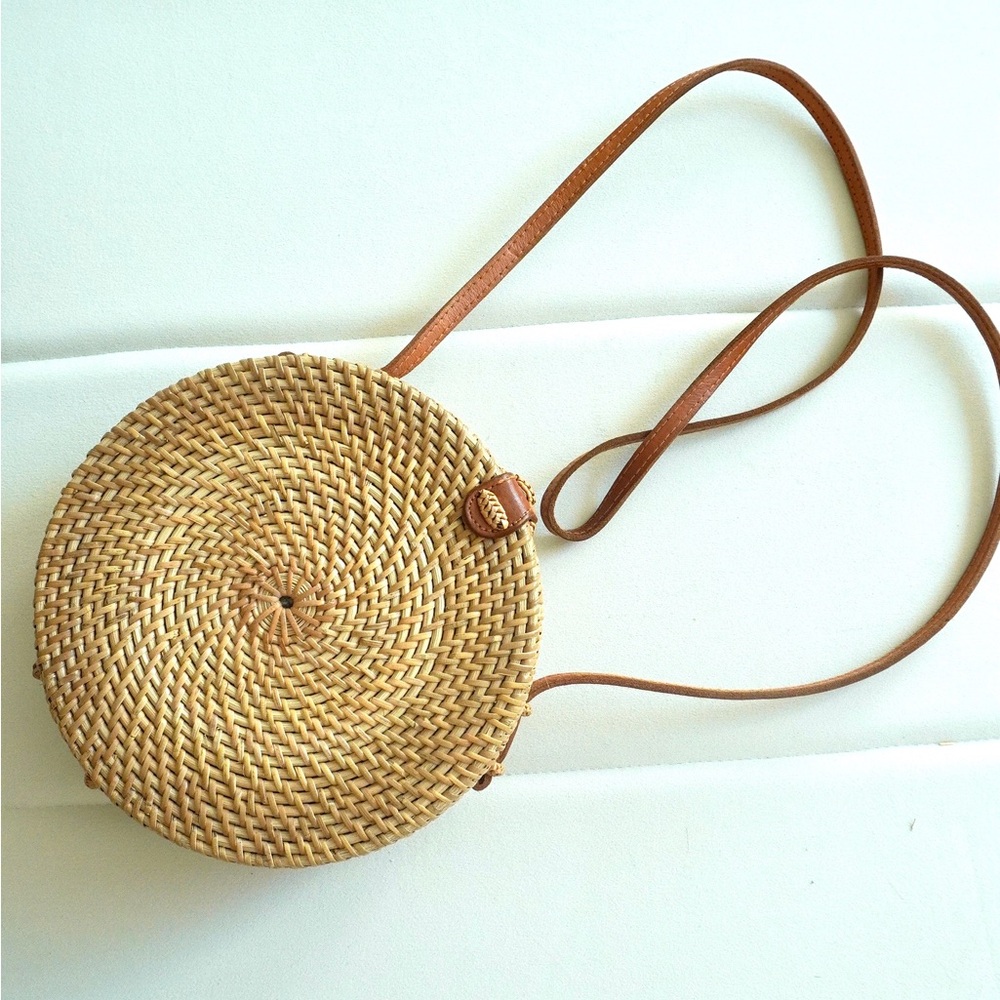 Round Woven Tan Crossbody Bag
